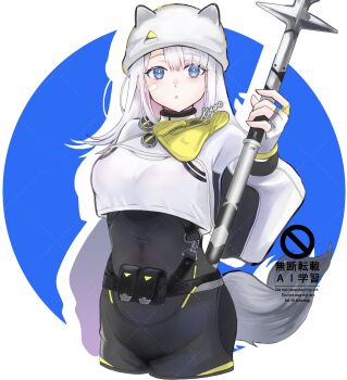 Rule 34 | 1girl, :<, animal ears, animal hat, arknights, arknights: endfield, beanie, black bodysuit, blue background, blue eyes, bodysuit, commentary request, crop top, crop top overhang, cropped jacket, cropped legs, drop shadow, estella (arknights), fake animal ears, fingerless gloves, gloves, hat, highres, holding, jacket, long hair, long sleeves, looking at viewer, parted lips, puffy long sleeves, puffy sleeves, round image, solo, tail, touno (akarino), triangle mouth, two-tone background, watermark, white background, white gloves, white hair, white hat, white jacket