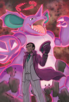 1boy claws coat dynamax gen_1_pokemon giovanni_(pokemon) giovanni_(sygna_suit)_(pokemon) gloves hat highres holding holding_unworn_clothes holding_unworn_hat looking_at_viewer male_focus morityuu nidoking nintendo official_alternate_costume open_mouth pants pokemon pokemon_(creature) pokemon_masters_ex purple_coat purple_gloves purple_hat standing team_rocket unworn_hat unworn_headwear white_pants