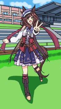 1girl animal_ears belt_pouch blue_hat blush brown_hair corset hat highres horse_girl just_arata matikanetannhauser_(panpaka_tiltott)_(umamusume) matikanetannhauser_(umamusume) newsboy_cap non-web_source open_mouth pouch self-upload smile solo tail tilted_headwear umamusume v yellow_eyes