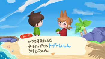 2boys animal_crossing animal_crossing:_new_horizons animal_crossing_(style) antenna_hair bandage_on_cheek beach bikmo321 blue_sky blush brown_eyes brown_hair commentary_request crossover drawstring edd_(eddsworld) eddsworld fake_screenshot fang flipped_hair from_side green_hoodie grey_eyes hair_behind_ear hair_ears highres holding holding_leaf hood hood_down hoodie leaf long_sleeves looking_at_another looking_to_the_side male_focus multiple_boys nintendo ocean outdoors painterly palm_tree pants parody red_hoodie sand seashell shell short_hair sideburns sky style_parody tord_(eddsworld) translation_request tree water yaoi