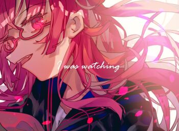 1girl black_shirt commentary_request english_text glasses kemurikusa long_hair looking_at_viewer open_mouth pink_eyes pink_hair red-framed_eyewear ryoku_(kemurikusa) shinjitsu_no_kuchi shirt solo upper_body white_background