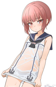 1girl anchor_ornament black_neckerchief blue_sailor_collar blunt_bangs brown_eyes brown_hair cowboy_shot dress flat_chest kantai_collection looking_at_viewer neckerchief official_alternate_costume one-hour_drawing_challenge ray.s sailor_collar sailor_dress see-through_clothes see-through_dress short_hair simple_background sleeveless sleeveless_dress solo wet wet_clothes wet_dress white_background white_dress z3_max_schultz_(kancolle) z3_max_schultz_(summer_dress)_(kancolle)