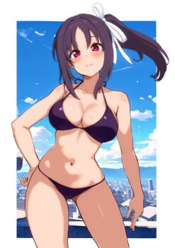 1girl bare_arms bare_shoulders bikini blue_sky blush breasts cityscape cleavage closed_mouth collarbone commentary_request cowboy_shot gluteal_fold highres infinite_moppy kazuno_sarah large_breasts long_hair looking_at_viewer love_live! love_live!_sunshine!! navel purple_bikini purple_hair side_ponytail sidelocks sky smile solo standing stomach swimsuit