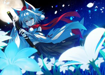 1girl animal_ears black_skirt blue_flower blue_sky closed_mouth commentary_request cowboy_shot detached_sleeves expressionless flower full_moon glowing_flower hat highres holding holding_sword holding_weapon inubashiri_momiji katana looking_at_viewer moon orange_eyes pokopoko_ponzu pom_pom_(clothes) red_hat red_scarf ribbon-trimmed_sleeves ribbon_trim scarf shirt short_hair skirt sky sleeveless sleeveless_shirt solo star_(sky) starry_sky sword tail tokin_hat touhou weapon white_flower white_hair white_shirt white_sleeves wolf_ears wolf_girl wolf_tail