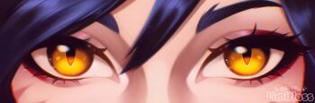 Rule 34 | 1girl, ahri (league of legends), artist name, black hair, close-up, commentary, english commentary, eye focus, facial mark, hair between eyes, league of legends, looking at viewer, misseslimitless, slit pupils, solo, straight-on, whisker markings, yellow eyes