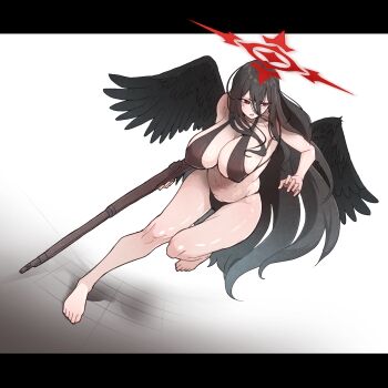 1girl bare_shoulders barefoot bikini black_bikini black_hair black_wings blue_archive blush bolt_action breasts cleavage collarbone groin gun hair_between_eyes halo hasumi_(blue_archive) hasumi_(swimsuit)_(blue_archive) highres holding holding_gun holding_weapon large_breasts long_hair long_hair_between_eyes looking_to_the_side low_wings m1917_enfield navel nikrop parted_lips plump red_eyes red_halo rifle ring_light_reflection solo swimsuit thighs very_long_hair weapon wings