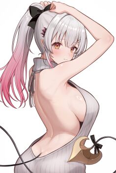 1girl adjusting_hair arms_up back backless_sweater bare_arms bare_shoulders blunt_bangs blush bow breasts brown_eyes closed_mouth commentary_request daysss demon_girl demon_tail gradient_hair grey_hair grey_sweater hair_bow hair_ornament hairclip high_ponytail highres indie_virtual_youtuber large_breasts long_hair looking_at_viewer median_furrow multicolored_hair no_bra parallel_hairclips pink_hair pointy_ears ponytail ribbed_sweater sideboob simple_background sleeveless sleeveless_sweater solo suou_patra sweater tail turning_head turtleneck turtleneck_sweater virgin_killer_sweater virtual_youtuber white_background