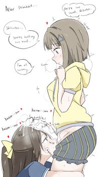 Rule 34 | 2girls, absurdres, after ejaculation, blue eyes, blush, brown hair, commentary, cum, cum on hair, drawstring, english text, erection, futa with female, futanari, grey hair, hair ornament, hair ribbon, hairclip, heart, heart-shaped pupils, highres, long hair, love live!, love live! nijigasaki high school idol club, multiple girls, nakasu kasumi, osaka shizuku, penis, red eyes, ribbon, shizuwonderland, short hair, shorts, sidelocks, smelling, smelling penis, striped clothes, striped shorts, sweater, symbol-shaped pupils, untranslatable commentary, veins, veiny penis, white background