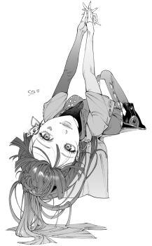 Rule 34 | 1girl, breasts, character name, facial mark, full body, gnosia, greyscale, heart, heart facial mark, highres, himo (himodayoo), interlocked fingers, long hair, looking at viewer, lying, medium breasts, monochrome, on back, own hands together, solo, sq (gnosia)