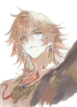 Rule 34 | 1boy, armlet, black coat, blonde hair, braid, chest tattoo, coat, earrings, facial tattoo, gold earrings, gold necklace, gradient hair, highres, honkai: star rail, honkai (series), jewelry, male focus, medium hair, multicolored hair, mydei (honkai: star rail), necklace, open clothes, open coat, red hair, red tattoo, sachico66, side braid, simple background, solo, tattoo, white background, yellow eyes