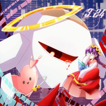 Rule 34 | 1girl, bandaid, bleeding, blood, bow, braid, crown, dated, glasses, hair bow, halo, heart, kirby (series), kirby 64, long skirt, low twin braids, nintendo, one-eyed, pink skirt, red bow, red eyes, ripple star, ripple star queen, skirt, sleeves past fingers, sleeves past wrists, twin braids, yasohathi, zero two (kirby)