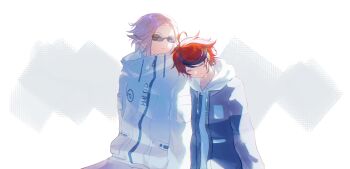 2boys absurdres ahoge aotsuki_eito black_hair chinese_commentary chromatic_aberration closed_eyes closed_mouth commentary_request drawstring grey_hair grey_jacket head_on_another&#039;s_shoulder high_collar highres hood hood_down hoodie jacket jacket_over_hoodie long_sleeves male_focus multicolored_hair multicolored_jacket multiple_boys open_clothes open_jacket red_hair short_hair sitting sleeping sleeping_on_person streaked_hair sumino_takumi sunglasses the_hundred_line_-last_defense_academy- tiaojinhailiduoyu609 two-tone_hair two-tone_jacket white_background white_hoodie white_jacket zipper_pull_tab