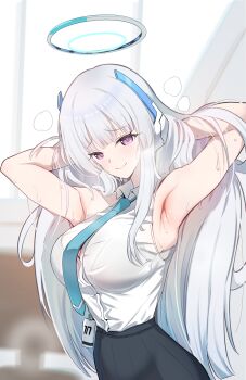 1girl armpits arms_behind_head blue_archive blue_necktie febaj2 halo hands_in_own_hair headgear highres id_card long_hair looking_at_viewer mechanical_halo necktie noa_(blue_archive) purple_eyes shirt sleeveless sleeveless_shirt smile solo sweat white_hair white_halo white_shirt