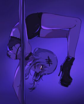 1girl ass character_request copyright_request fatpenguinz midriff pole_dancing shorts tagme virtual_youtuber