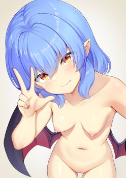 Rule 34 | 1girl, absurdres, akasaka sato, bat wings, blue hair, blush, breasts, cleft of venus, commentary request, completely nude, fang, groin, hair between eyes, highres, looking at viewer, navel, nipples, nude, pointy ears, pussy, red eyes, remilia scarlet, selfie, short hair, simple background, solo, touhou, vampire, w, white background, wings