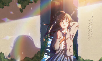 Rule 34 | 1girl, absurdres, ahoge, arm behind head, arm up, artist name, bag, bandana, blazer, blue bandana, blue skirt, brown eyes, brown hair, brown jacket, buttons, collared shirt, commentary, cowboy shot, dated, english commentary, hand up, highres, holding strap, jacket, long hair, long sleeves, looking up, moss, necktie, open clothes, open jacket, open mouth, original, outdoors, pleated skirt, puddle, rainbow, red necktie, school uniform, shadow, shirt, shirt tucked in, shoulder bag, skirt, smile, solo, stomach, sunlight, teardrops (user vgvd7733), teeth, upper teeth only, water drop, white shirt, wind