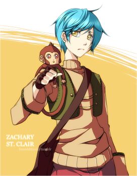 1boy blue_hair brown_gloves brown_shirt character_name closed_mouth commentary english_commentary expressionless fingerless_gloves fumiddition gloves green_vest long_sleeves looking_at_viewer male_focus merchant_(ragnarok_online) monkey open_clothes open_vest ragnarok_online shirt short_hair solo upper_body vest watermark web_address yellow_background yellow_eyes yoyo_(ragnarok_online)