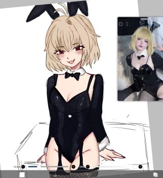 Rule 34 | 1girl, alternate costume, animal ears, antenna hair, arcueid brunestud, arm support, art program in frame, black leotard, blonde hair, blush, bow, bowtie, breasts, cleavage, detached collar, detached sleeves, fake animal ears, fangs, fishnet thighhighs, fishnets, garter belt, garter straps, hair intakes, highres, leotard, looking at viewer, photo-referenced, playboy bunny, rabbit ears, red eyes, shigeniisama, short hair, smile, thick thighs, thighhighs, thighs, tsukihime, tsukihime (remake)
