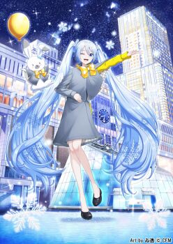>_< 1girl ;d artist_name balloon black_shoes blue_eyes blue_hair building clock commentary_request company_name copyright_notice full_body gradient_hair grey_skirt hatsune_miku highres itogari long_hair multicolored_hair official_art one_eye_closed open_mouth rabbit_yukine shirt shoes skirt smile snowflakes solo sparkle star_(symbol) teeth tongue twintails upper_teeth_only very_long_hair vocaloid white_hair yellow_shirt yuki_miku