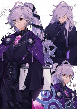 1boy ^^^ black_corset black_gloves black_kimono closed_eyes closed_mouth commentary_request corset cross-shaped_pupils edmond_dantes_(fate) eyewear_strap fate/grand_order fate_(series) film_grain glasses glint gloves gradient_hair grid_background hair_over_one_eye haori high_ponytail highres japanese_clothes kimono long_hair long_sleeves looking_at_viewer male_focus multicolored_hair multiple_views notice_lines paper_stack ponytail purple_hair purple_haori red_eyes round_eyewear simple_background sweat symbol-shaped_pupils the_count_of_monte_cristo_(fate) the_count_of_monte_cristo_(exhibition_attire)_(fate) tying_corset u_u uxco0 very_long_hair white_background wide_sleeves