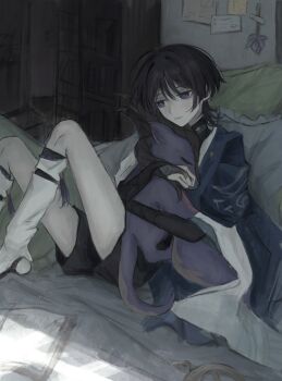 1boy animal black_bodysuit black_hair black_leggings black_shorts blue_cape blue_sleeves blunt_ends blush bodysuit book bookshelf cape choppy_bangs closed_mouth dragon duster eyeliner eyeshadow feather_duster genshin_impact highres holding holding_animal hug indoors japanese_clothes kimono knees_up layered_sleeves leg_warmers leggings makeup male_focus mini_durin_(dragon)_(genshin_impact) mini_durin_(genshin_impact) open_book pillow purple_eyes purple_rope red_eyeliner red_eyeshadow rope scaramouche_(genshin_impact) short_sleeves shorts sitting sketch small_dragon smile stirrup_legwear toeless_legwear wanderer_(genshin_impact) white_kimono white_leg_warmers white_sleeves yoruli_e