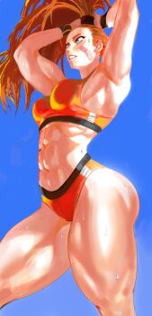 1girl abs armpits arms_up bandaid bandaid_on_cheek bandaid_on_face biceps big_hair blue_background blue_eyes buruma captain_mizuki commentary english_commentary from_below high_ponytail highres long_hair mashingvaquita muscular muscular_female obliques one-punch_man orange_hair orange_sports_bra parted_lips ponytail simple_background solo sports_bra standing sweat thick_thighs thighs tying_hair very_sweaty