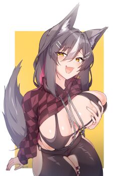 1girl absurdres animal_ears black_pants breasts brown_hair chisaka_airi cosplay eve_(stellar_blade) eve_(stellar_blade)_(cosplay) grabbing_own_breast hair_between_eyes highres large_breasts long_hair long_sleeves multicolored_hair open_mouth pants phase_connect second-party_source smile solo stellar_blade streaked_hair tail tilt-shift_(azalanz) virtual_youtuber white_hair wolf_ears wolf_girl wolf_tail yellow_eyes