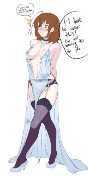 1girl absurdres backless_outfit black_choker black_socks blush breasts brown_hair center_opening choker cleavage cocktail_dress commentary cowl_neck crossed_bangs double-parted_bangs dress duvalie eiyuu_densetsu embarrassed english_commentary english_text evening_gown full_body glitter_dress green_eyes hair_between_eyes high_heels highres jewelry large_breasts medium_breasts navel necklace over-kneehighs plunging_neckline revealing_clothes sen_no_kiseki_(series) short_hair side_slit sideboob sideless_dress silver_dress simple_background sleeveless sleeveless_dress socks solo speech_bubble thighhighs vanillahare white_background