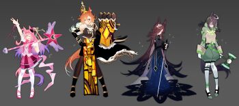 4girls absurdres ahoge animal_ears black_boots black_gloves black_hair blindfold blue_dress boots brown_hair commentary cosplay cropped_vest crown diamond_(shape) dress english_commentary gauntlets gem gloves gradient_hair green_shorts grey_background hair_ornament hammer haru_urara_(umamusume) highres holding holding_hammer holding_staff holding_sword holding_weapon horse_girl huge_weapon king_of_greed king_of_greed_(cosplay) knight_of_despair knight_of_despair_(cosplay) lobotomy_corporation long_hair manhattan_cafe_(umamusume) medium_hair multicolored_hair multiple_girls orange_hair pantyhose pink_hair pink_shoes pink_skirt pink_vest project_moon puffy_shorts purple_hair queen_of_hatred queen_of_hatred_(cosplay) ribbon rice_shower_(umamusume) servant_of_wrath servant_of_wrath_(cosplay) shoes shorts simple_background single_gauntlet skirt spade_(shape) sparkle staff suyapuya sword t.m._opera_o_(umamusume) thighhighs umamusume very_long_hair vest weapon white_thighhighs wonderlab yellow_dress