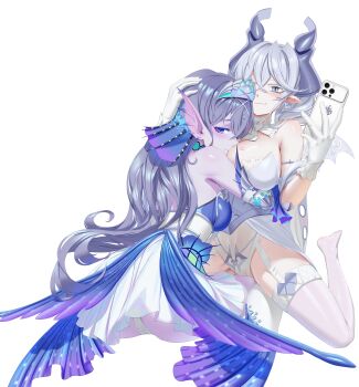 2girls absurdres bare_shoulders blush breasts cellphone cleavage colored_skin demon_girl demon_horns dress drill_hair duel_monster face_to_breasts full_body garter_straps gloves grey_hair hair_between_eyes highres holding holding_phone horns kitkallos_(yu-gi-oh!) large_breasts lipstick_mark lipstick_mark_on_breast long_hair lovely_labrynth_of_the_silver_castle multiple_girls phone pointy_ears purple_skin rare_lemon silver_tiara simple_background smartphone smile strapless strapless_dress tearlaments_kitkallos thighhighs twin_drills white_background white_dress white_gloves white_thighhighs yu-gi-oh! yuri