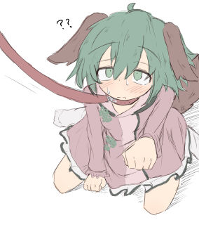 1girl ? ?? absurdres ahoge animal_collar animal_ears arm_up blush closed_mouth collar commentary_request dog_ears dog_girl dog_tail double-parted_bangs dress flower_button frilled_sleeves frills from_above frown green_eyes green_hair hair_between_eyes highres isgod kasodani_kyouko kneeling leash leash_pull long_sleeves motion_lines partial_commentary paw_pose pet_play pink_collar pink_dress pink_leash pov short_hair simple_background socks solo split_mouth sweatdrop tail touhou white_background white_socks