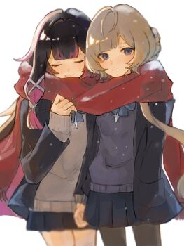 2girls alternate_costume black_hair black_jacket black_pantyhose blazer blue_eyes brown_hair closed_eyes closed_mouth columbina_(genshin_impact) contemporary cowboy_shot facing_viewer genshin_impact hair_intakes hair_ribbon hand_in_pocket hand_up highres holding_hands jacket long_hair long_sleeves looking_at_viewer multicolored_hair multiple_girls open_clothes open_jacket pantyhose pink_hair pleated_skirt red_scarf ribbon sandrone_(genshin_impact) sato_0204 scarf school_uniform shared_clothes shared_scarf simple_background skirt sleeves_past_wrists smile sweater white_background white_ribbon yuri