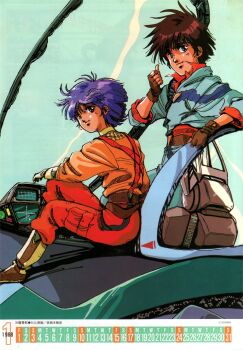 Rule 34 | 1980s (style), 1988, 1boy, 1girl, anime v, boots, brown hair, calendar (medium), canopy (aircraft), character request, commentary, dated, english commentary, gloves, highres, january, jumpsuit, konami, logo, looking at viewer, lord british, magazine scan, mikimoto haruhiko, mixed-language text, oldschool, pilot chair, poster (medium), purple hair, retro artstyle, salamander (game), scan, science fiction, smirk, spacecraft, starfighter, thumbs up, translation request, uniform