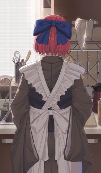 1girl absurdres apron blue_ribbon commentary cutting_board faucet from_behind hand_towel highres japanese_clothes jishui3q kitchen kohaku_(tsukihime) maid maid_apron red_hair ribbon short_hair sink solo spatula spoon tsukihime wa_maid whisk wide_sleeves window wooden_spoon