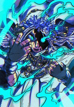 1girl blue_eyes cracked_skin doll_joints elden_ring elden_ring_nightreign fire flower_wreath glowing glowing_eye hachinos_ssb head_wreath jewelry joints long_hair revenant_(elden_ring) solo veil white_hair white_veil