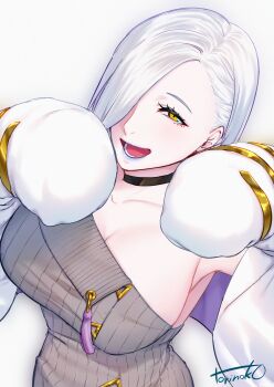 1girl bare_shoulders blue_lips blush breasts choker cleavage collarbone dress eyeliner fate/grand_order fate_(series) grey_dress hair_over_one_eye highres jacket large_breasts long_hair long_sleeves looking_at_viewer makeup mrs._snake_(fate) off_shoulder open_mouth smile solo sweater sweater_dress tassel torinoko_tamago white_hair white_jacket yellow_eyes
