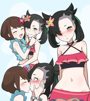 2girls aqua_bikini aqua_eyes aqua_sarong armpits asymmetrical_bangs bikini black_hair blush braid breasts brown_eyes brown_hair child clenched_hands closed_eyes collarbone couple embarrassed eye_contact eyelashes facing_viewer female_focus fingersmile flower flower_on_head french_kiss bad_tag from_side gloria_(pokemon) gloria_(summer_2021)_(pokemon) hair_ornament halterneck happy highres index_finger_raised jewelry kiss long_hair looking_at_another looking_at_viewer marnie_(pokemon) marnie_(summer_2021)_(pokemon) matching_hair/eyes medium_hair midriff multicolored_bikini multiple_girls navel neck necklace nintendo official_alternate_costume official_alternate_hairstyle open_mouth pink_bikini pink_sarong pokemon pokemon_masters_ex profile reversein sarong scrunchie shy sidelocks small_breasts standing summer surprised sweatdrop swept_bangs swimsuit tsundere twintails two-tone_bikini undercut wrist_scrunchie yuri