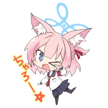 &gt;_o 1girl ;d absurdres animal_ear_fluff animal_ears black_pantyhose black_sailor_collar black_skirt blue_archive blue_halo blunt_bangs blush charo_(meme) chibi chibi_only commentary_request fox_ears fox_girl fox_shadow_puppet full_body hair_ribbon half_updo halo hand_up highres looking_at_viewer medium_hair meme miniskirt neckerchief niko_(blue_archive) one_eye_closed open_mouth pantyhose pink_hair pleated_skirt ponytail red_neckerchief red_ribbon ribbon sailor_collar sanoba_witch shirt short_ponytail simple_background skirt smile solo star_(symbol) sueoki_makura white_background white_shirt