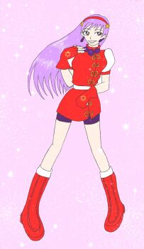 1girl asamiya_athena boots breasts brown_eyes dress hairband large_breasts long_hair pale_skin purple_hair smile standing star_(symbol) the_king_of_fighters yukari_nesan