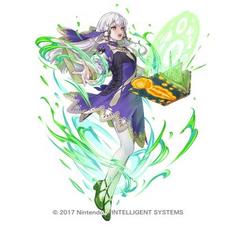 1girl book breasts choker commentary_request dress fighting_stance fire_emblem fire_emblem:_three_houses fire_emblem_heroes hair_ornament long_hair long_sleeves lysithea_von_ordelia lysithea_von_ordelia_(timeskip) magic ne-on nintendo official_art open_mouth pantyhose pink_eyes purple_choker purple_dress purple_veil simple_background small_breasts solo veil white_background white_hair white_pantyhose