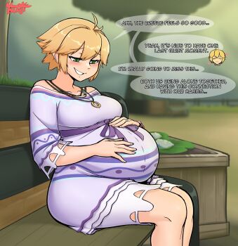 1girl absurdres artist_name belly bench big_belly english_text fiora_(xenoblade) hands_on_own_stomach highres nose on_bench outdoors pregnant sitting speech_bubble tsukijitums xenoblade_chronicles_(series) xenoblade_chronicles_1