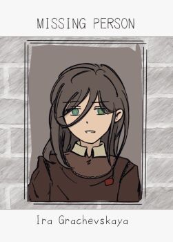 1girl black_hair border character_name commentary english_commentary english_text expressionless green_eyes hair_between_eyes half-closed_eyes ira_grachevskaya long_hair parted_lips school_uniform shio_hours solo soviet_school_uniform straight-on teeth upper_body yellow_pupils z.a.t.o._//_i_love_the_world_and_everything_in_it