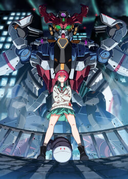 Rule 34 | 1girl, 85neko, absurdres, amate yuzuriha, beanie, black boots, black hat, boots, building, commentary request, cowboy shot, crossed arms, full body, gquuuuuux, green eyes, green shirt, green skirt, grey socks, grey sweater, gunbuster pose, gundam, gundam gquuuuuux, haro, hat, highres, mecha, miniskirt, mobile suit, night, outdoors, pleated skirt, red hair, robot, science fiction, shirt, skirt, skyscraper, socks, standing, sweater