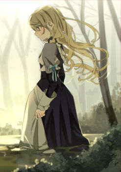 1girl absurdres adapted_costume apron black_dress blonde_hair dress expressionless from_side highres kirisame_marisa long_hair long_sleeves no_headwear shi_chimi solo touhou tree wading