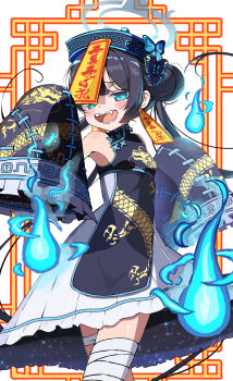 1girl absurdres black_dress black_hair blue_archive blush breasts butterfly_hair_ornament china_dress chinese_clothes detached_sleeves double_bun dragon_print dress fangs grey_eyes grey_halo hair_bun hair_ornament halo hat highres hitodama jiangshi jiangshi_costume kisaki_(blue_archive) long_hair looking_at_viewer multiple_girls ofuda ofuda_on_head open_mouth pelvic_curtain petite print_dress qingdai_guanmao sleeveless sleeveless_dress sleeves_past_fingers sleeves_past_wrists small_breasts solo tsetainsu twintails