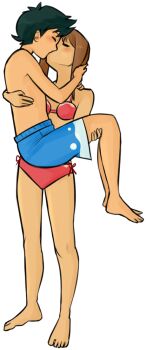 1boy 1girl ash_ketchum bikini black_hair blue_swim_trunks brown_hair carrying carrying_person closed_eyes japanesegodzilla kiss male_swimwear may_(pokemon) nintendo pokemon pokemon_(anime) pokemon_rse_(anime) princess_carry red_bikini reverse_princess_carry swim_trunks swimsuit