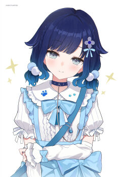 1girl absurdres arata_ryou artist_name blue_bow blue_bowtie blue_choker blue_hair blue_overalls bow bowtie braid center_frills choker closed_mouth commentary_request detached_sleeves dress frilled_dress frilled_sleeves frills gradient_hair grey_eyes hair_bow hair_intakes hand_on_own_shoulder head_tilt highres leash light_blush light_smile long_sleeves looking_at_viewer multicolored_hair overalls paw_print pom_pom_(clothes) puffy_short_sleeves puffy_sleeves short_hair short_sleeves simple_background sleeves_past_wrists solo tsumugi_kokage twin_braids upper_body virtual_youtuber vspo! white_background white_sleeves