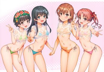 2023 20s 4girls absurdres bikini black_hair blue_eyes blush bow breasts brown_eyes brown_hair cleft_of_venus collarbone flower hair_bow hair_flower hair_ornament halterneck highres huge_filesize isshi_pyuma looking_at_viewer matching_hair/eyes medium_breasts misaka_mikoto multiple_girls navel open_mouth saten_ruiko scan shirai_kuroko shirt short_hair side-tie_bikini_bottom simple_background small_breasts smile standing stomach string_bikini swimsuit thighs toaru_kagaku_no_railgun toaru_majutsu_no_index twintails uiharu_kazari v wet wet_clothes wet_shirt white_shirt