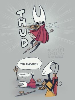 arthropod_girl artist_name bag bracelet cloak english_text from_behind full_body gold_bracelet grey_background highres hollow_eyes hollow_knight hollow_knight:_silksong horned_mask hornet_(hollow_knight) jewelry looking_at_another mask multiple_girls multiple_views needle_(hollow_knight) no_mouth on_ground oru_(0ruru_0ru95) pain red_bag red_cloak shakra_(hollow_knight) simple_background sound_effects speech_bubble thumbs_up trembling white_mask