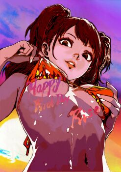 1girl absurdres bare_shoulders bikini breasts brown_eyes brown_hair happy_birthday highres kujikawa_rise looking_at_viewer navel oeilvert_fft open_mouth persona persona_4 persona_4_the_golden simple_background stomach swimsuit twintails underboob